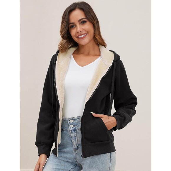 Women's Sherpa Lined Hooded Sweatshirt Zip Up Winter Warm Hoodie Comfy Hooded Fl - Picture 3 of 7